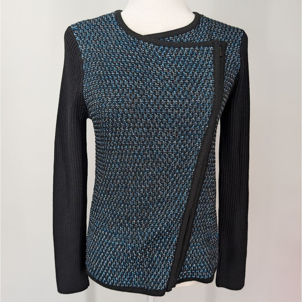 St. John Blue Black Colorblock Wool Blend Knit Asymmetric Jacket P X-Small 2